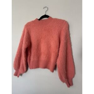 MinkPink Cropped Pink Soft Fuzzy Furry Sweater S Mock Neck Ballon‎ Sleeves EUC